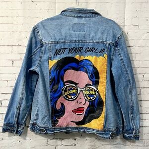 Vintage Y2K Denim Pop Art Not Your Girl Jean Trucker Jacket Mid Wash Large